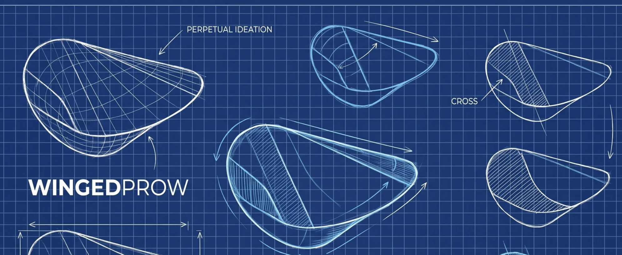Technical blueprint of the oloid: two perpendicular circles forming a single edgeless solid, with the WingedProw wordmark